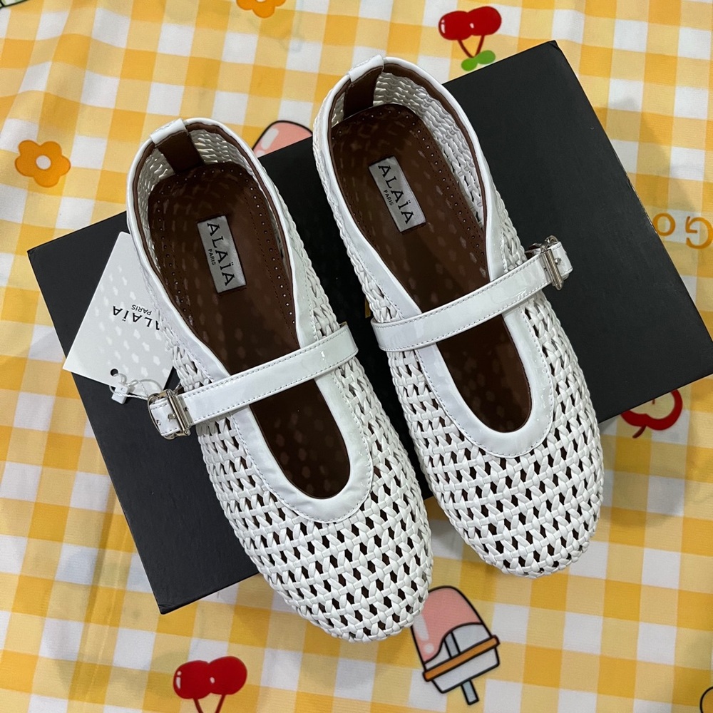 Alaia White Woven Mary Jane Flats with Buckle Strap Detail